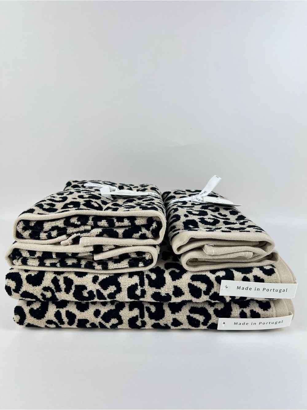 Bianca Bath Towel Set Luxurious Beige Black Leopard Print Velour Cotton 6pc NEW